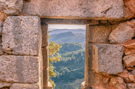 View of the mountains of Alaró and its castle at sunset. Mallorca Island Balearic Islands Spainのeditorial素材