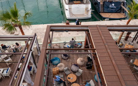 Palma de Mallorca, Balearic Islands/Spain; 03/29/2015: Aerial image of the promenade of Palma de Mallorca. Bars and terraces with peopleのeditorial素材