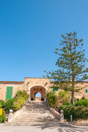 Montision Sanctuary, Balearic Islands / Spain; July 2020: exterior door of the Monastery of Montision, town of Porreres. Island of Mallorca. Balearic Islands, Spainのeditorial素材