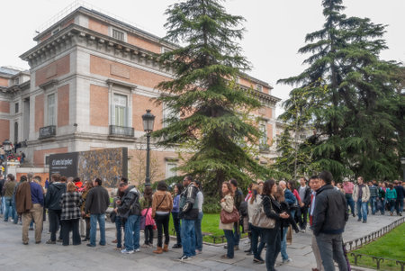 Madrid, Spain; April 2010: entrance to the Prado Museum in Madrid with long queues