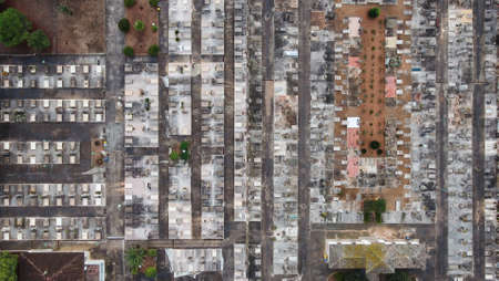 Aerial view of a Campos cementery with cross sculptures. Island of Mallorca, Spain