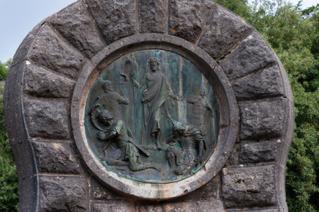 Lluc, Balearic Islands / Spain; September 2020: religious sculpture relief made in bronze on the Christ life. Sculpture located in the Christian Monastery of Lluc, Mallorca islandのeditorial素材