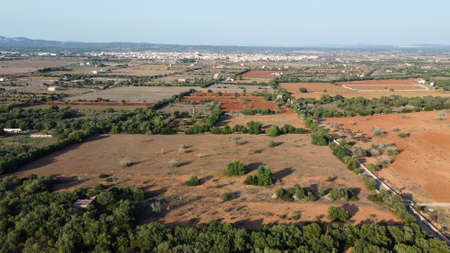 Aerial view of a rural road surrounded by Mediterranean forestsの写真素材