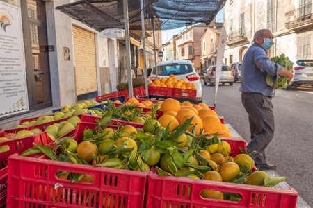 Campos, Balearic Islands / Spain; October 2020: Street fruit stand with citrus fruits (tangerines and oranges). In the background, out of focus, an elderly person wearing a mask leaves the establishment with fresh productsのeditorial素材