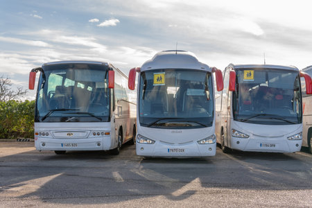 Campos, Spain; December 27 2020: school buses parked side by side on a plot of landのeditorial素材