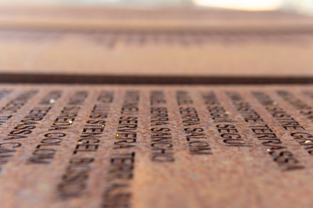 Porreres, Spain; February 11 2021: Monument for the reprisals of the Spanish Civil War called El RacÃ³ de la MemÃ²ria in the town of Porreres. Close-up of the iron plaques with the names of the victimsのeditorial素材