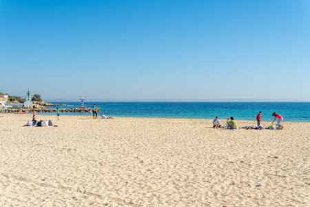 Palmanova, Spain; February 20 2021: general view of the beach of the Mallorcan resort of Palmanova on a sunny day, with families enjoying the good weatherのeditorial素材