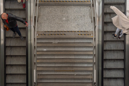 Palma de Mallorca, Spain, March 04 2021: Aerial view of the entrance to the Plaza de España Intermodal Station. People wearing face masks due to the pandemic. New normalのeditorial素材