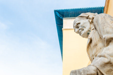 Palma de Mallorca, Spain; March 04 2021: main entrance of the traditional market called Mercat del Olivar. Close-up of a Anthropomorphic stone statue outdoorsのeditorial素材