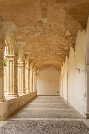 Interior of the Cloister of Sant VicenÃ§ Ferrer, historic building that houses the municipal library of the Majorcan town of Manacorの写真素材