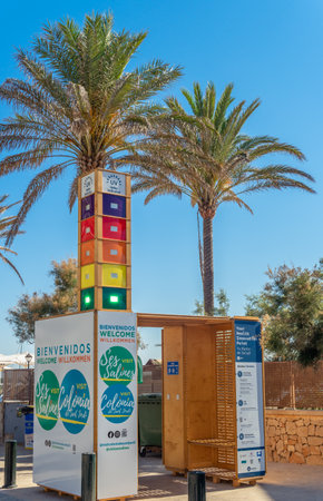 Colonia de Sant Jordi, Spain; July 02 2021: Health innovation point in the Mallorcan town of Colonia de Sant Jordi on a sunny morningのeditorial素材