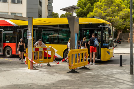 Palmanova, Spain; August 10 2021: Bus stop of the TIB company in the Majorcan tourist resort of...