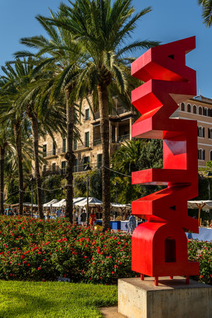 Palma de Mallorca, Spain, September 10 2021: red letters of the city of Palma de Mallorca on the promenade on a sunny summer afternoonのeditorial素材