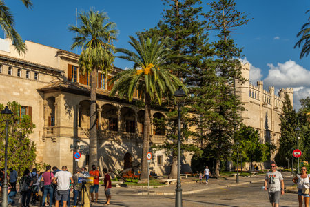 Palma de Mallorca, Spain; September 10 2021: General view of the public building El Consolat de Mar, seat of the Balearic government, next to the gothic building La Lonja at sunset, Palma de Mallorcaのeditorial素材
