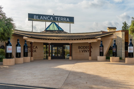 Montuiri, Spain; September 18 2021: Main entrance of the winery Blanca Terra in the Majorcan town of Montuiri, at dawn. Advertising text written in Catalan languageのeditorial素材