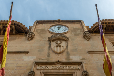 Felanitx, Spain; September 25 2021: Main facade of the town hall of the Majorcan town of Felanitx, island of Mallorca, Spainのeditorial素材