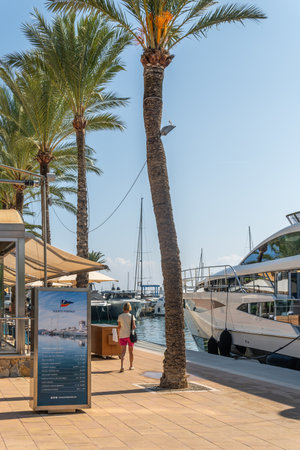 Puerto Portals, Spain; October 02 2021: General view of the touristic resort of Puerto Portals on the island of Mallorca. Poster with information about events in the marina with luxury yachts mooredのeditorial素材