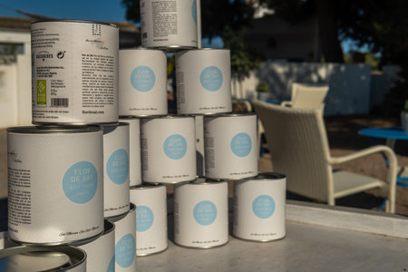Colonia de Sant Jordi, Spain; October 11 2021: Display with products from the artisanal salt factory Flor de Sal Des Trenc, a sunny afternoon. Located in the island of Mallorca, Spainのeditorial素材