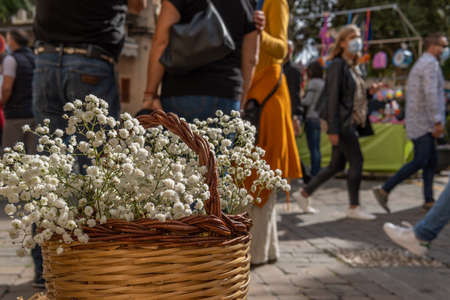 Close-up of some white flowers of the plant Gypsophila paniculata, in a wicker basket. In the background a street market with people out of focusの写真素材