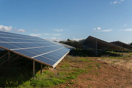 Photovoltaic solar energy park on a sunny day, in the interior of the island of Mallorca, Spain....