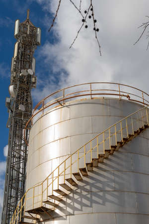 Industrial metal fuel tanks on a sunny day. Island of Mallorca, Spainの写真素材