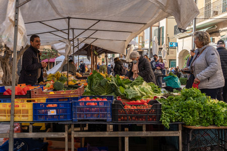 Santanyi, Spain; December 11 2021: Weekly street market in the Mallorcan town of Santanyi, during the winter Christmas season. Stalls selling fresh and seasonal food productsのeditorial素材