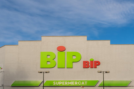 Llucmajor, Spain; january 07 2022: Main facade of the Bip Bip supermarket chain on a sunny morning in the Mallorcan town of Llucmajor, Spainのeditorial素材