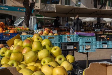 Campos, Spain; january 15 2022: Weekly street market in the Majorcan town of Campos. Vendors and customers with masks due to restrictions by the Omicron variant of Coronavirus. new-normalのeditorial素材