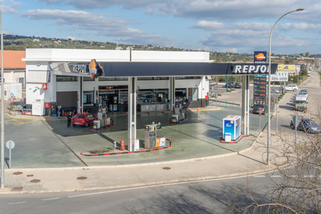Manacor, Spain; january 19 2022: Aerial view of a Repsol service station in the Majorcan town of Manacor, Spainのeditorial素材
