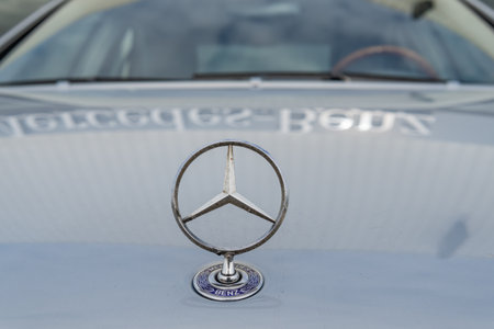 Manacor, Spain; january 20 2022: Close-up of the Mercedes-Benz automobile brand symbol on a silver-colored carのeditorial素材