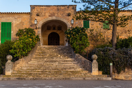 Catholic religious monastery of Monti-Sion, on the island of Mallorca at sunrise, Spainの写真素材