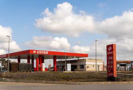 Campos, Spain; february 13 2022: Service and vehicle refueling station of the multinational company Cepsa, in the Majorcan town of Camposのeditorial素材