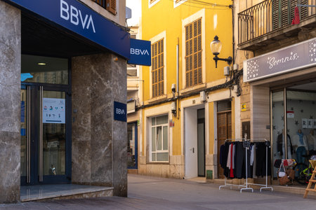 Felanitx, Spain; april 07 2022: Branch of the bank Banco Bilbao Vizcaya Argentaria, BBVA, in the Majorcan town of Felanitx, Spainのeditorial素材