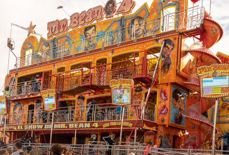 Palma de Majorca, Spain; april 08 2022: Attractions and people at the traditional annual fair, fira...