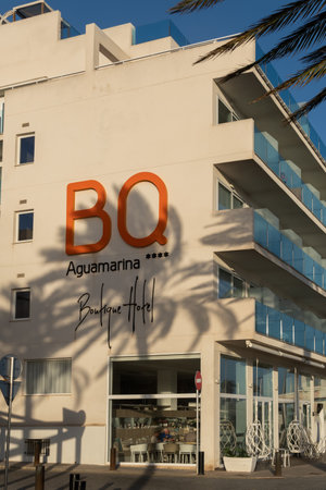 Can Pastilla, Spain; April 23 2022: Main facade of the boutique hotel BQ Aguamarina, in the Mallorcan resort of Cala Estancia. Spainのeditorial素材