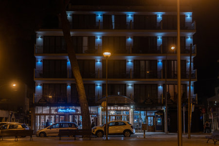 Can Pastilla, Spain; April 23 2022: Main facade of the Balear hotel, in the Mallorcan resort of Can Pastilla by night. Spainのeditorial素材