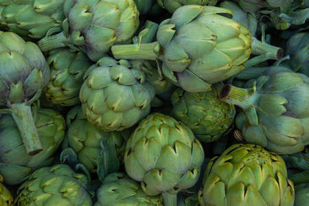 Close-up of artichokes, Cynara cardunculus scolymus, displayed in a street market selling freshの写真素材