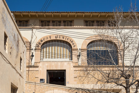 Felanitx, Spain; april 07 2022: Main facade of the historic building that houses the municipal market in the Majorcan town of Felanitx, Spainのeditorial素材