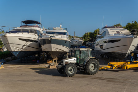 Cala dÂ´Or, Spain; june 25 2022: General view of the yacht club marina of Cala d'Or at sunset on a...