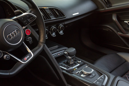 Cala dÂ´Or, Spain; 25 June 2022: Audi R8 red convertible sports car, parked in the marina of Cala d'Or, Spainのeditorial素材