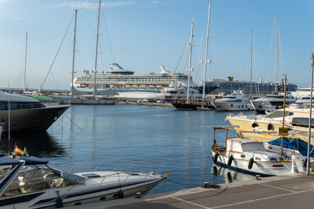 Palma de Majorca, Spain; june 28 2022: General view of Palma de Mallorca's maritime station at dawn, with cruisers moored in the backgroundのeditorial素材