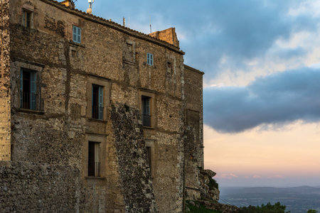 Sunrise with dramatic light at the Sanctuary of Sant Salvafor, Felanitx, island of Mallorca, Spainの写真素材