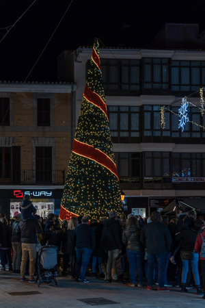 Manacor, Spain; december 17 2022: Christmas tree illuminated at night, in the Majorcan town of Manacor, Spainのeditorial素材