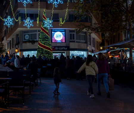 Manacor, Spain; december 17 2022: Christmas tree illuminated at night, in the Majorcan town of Manacor, Spainのeditorial素材