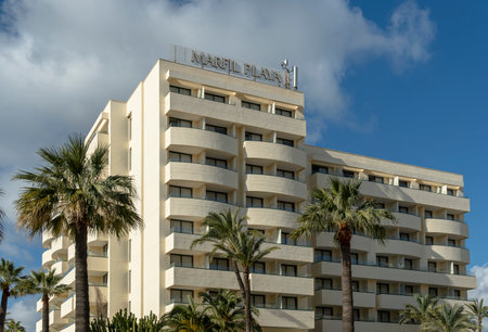 Sa Coma, Spain; February 17 2023: Main facade of a Marfil Playa hotel on a sunny morning. Island of Majorca, Spainのeditorial素材