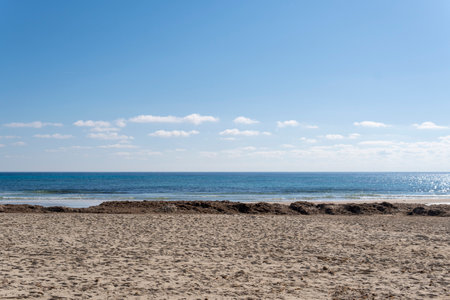 Beach of the Mallorcan tourist resort of Sa Coma at sunrise, without people. spainの写真素材