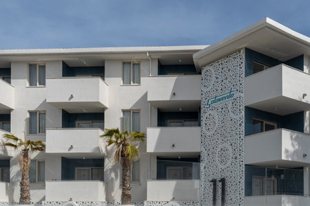 Magaluf, Spain; February 19 2023: Main facade of the Barlovento hotel closed. Magaluf, island of Majorca, Spainのeditorial素材