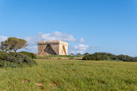 General view of the medieval castle of Punta de n'Amer, at sunrise. Island of Majorca, Spainのeditorial素材