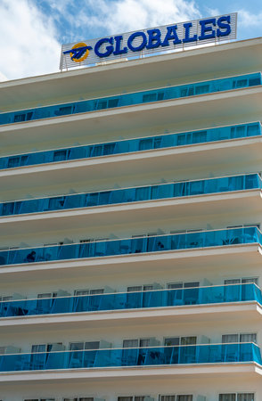 Palmanova, Spain; March 19 2023: Main facade of the hotel of the company Globales Palmanova on a sunny morning. Palmanova, island of Majorca, Spainのeditorial素材