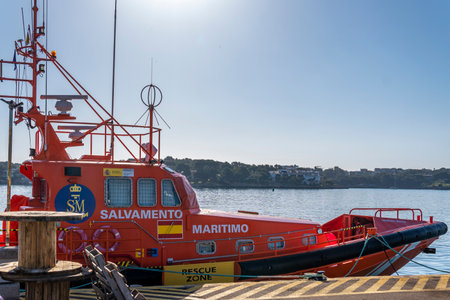 Portocolom, Spain; April 23 2023: Maritime rescue boat in the port of the Majorcan town of Portocolom, island of Mallorca, Spainのeditorial素材
